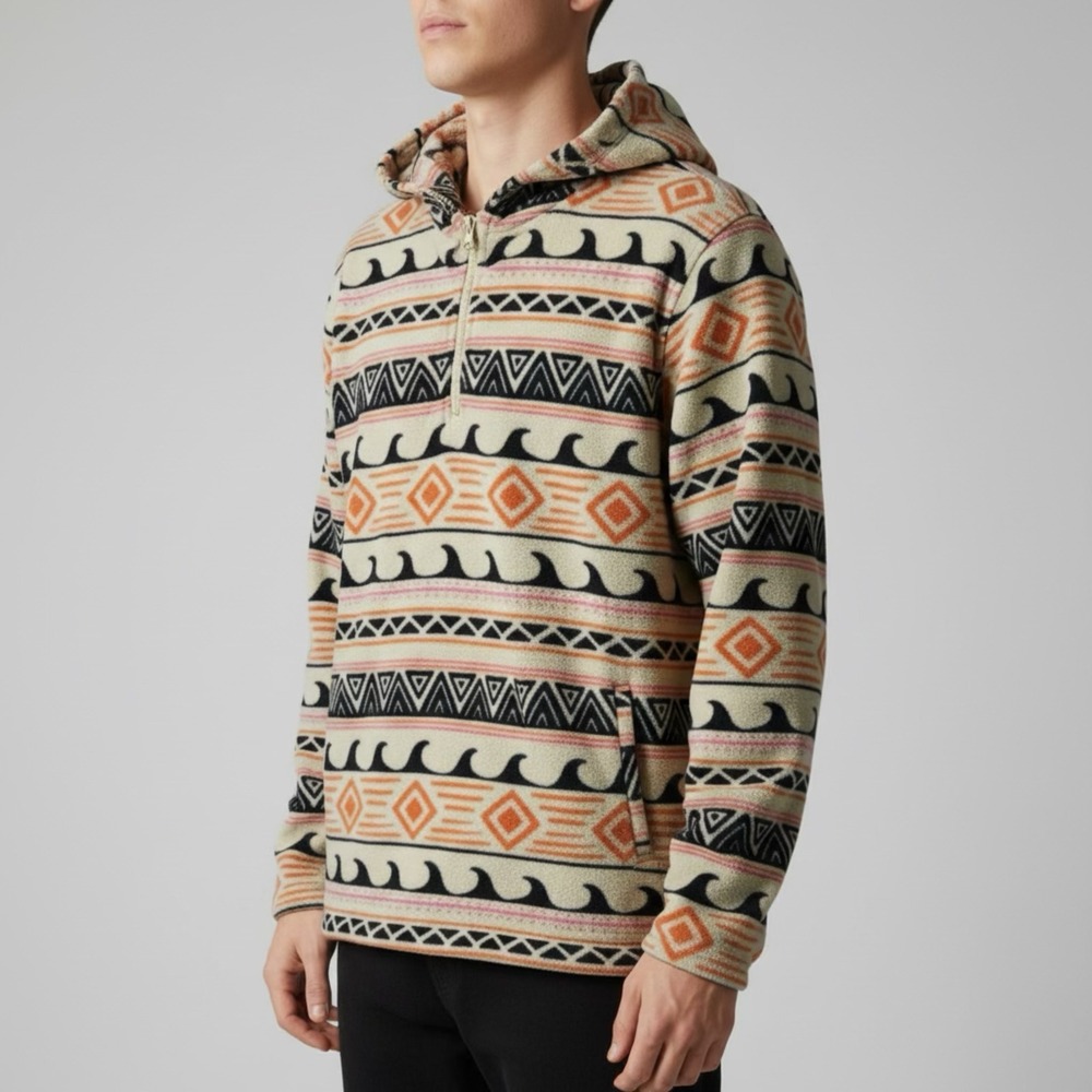 O'Neill Womens Fleece Quarter Zip Hoodie Geometric Wave Pattern Cream XL